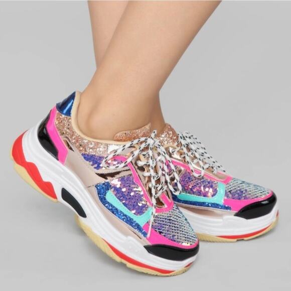 Fashion Nova Multicolor Sequined Glitter Patent Leather Sneakers Size 5 - Picture 2 of 13